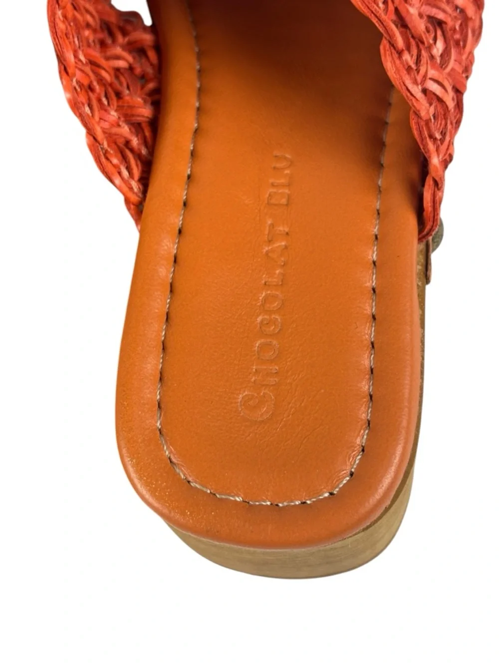 CHOCOLAT BLU DAWN ORANGE RAFFIA WOVEN STUDDED WOOD PLATFORM SLIDE SANDAL